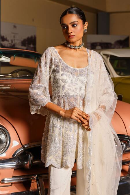 Sabe_Ivory Net, Georgette Embroidery, Sequins Square Neck Designer Sharara Set _Online_at_Aza_Fashions