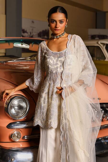 Buy_Sabe_Ivory Net, Georgette Embroidery, Sequins Square Neck Designer Sharara Set _Online_at_Aza_Fashions