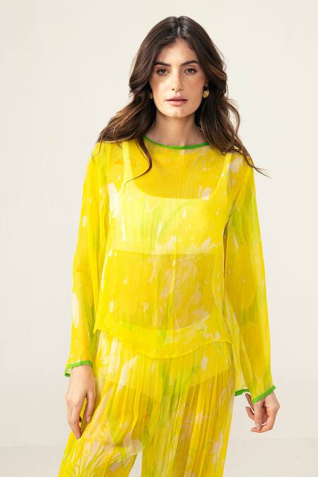 Reena Sharma_Yellow Viscose, Chiffon Round Neck Alina Top And Pants Set _Online_at_Aza_Fashions