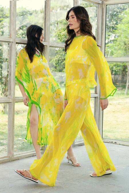 Buy_Reena Sharma_Yellow Viscose, Chiffon Round Neck Alina Top And Pants Set _Online_at_Aza_Fashions