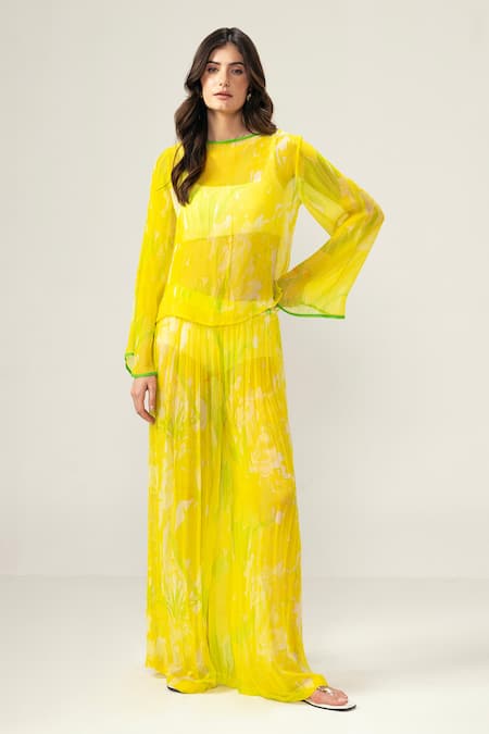 REENA SHARMA Yellow Viscose, Chiffon Round Neck Alina Top And Pants Set 