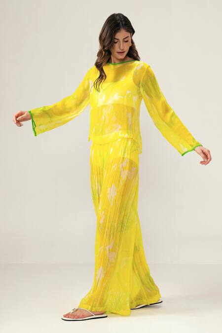 Shop_Reena Sharma_Yellow Viscose, Chiffon Round Neck Alina Top And Pants Set _Online_at_Aza_Fashions