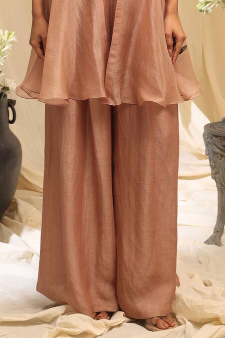 Ekru_Pink Organza, Silk, Linen, Satin, Bamboo Golden Cloud Jacket Co-ord Set_Online_at_Aza_Fashions