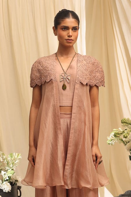 Buy_Ekru_Pink Organza, Silk, Linen, Satin, Bamboo Golden Cloud Jacket Co-ord Set_Online_at_Aza_Fashions