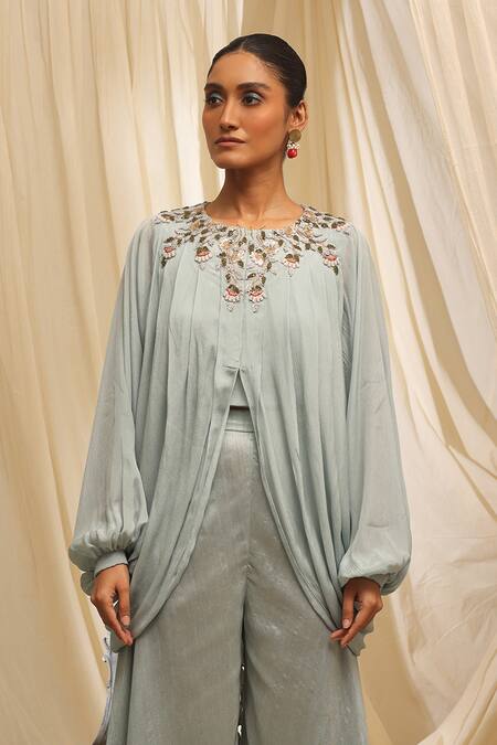 Buy_Ekru_Blue Chiffon, Silk Embroidery Round Neck Winding Blossom Drape Top And Sharara Set_Online_at_Aza_Fashions