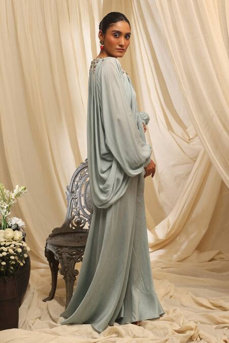 Shop_Ekru_Blue Chiffon, Silk Embroidery Round Neck Winding Blossom Drape Top And Sharara Set_Online_at_Aza_Fashions