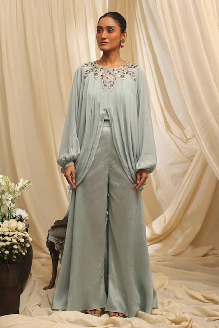 Ekru Blue Chiffon, Silk Embroidery Round Neck Winding Blossom Drape Top And Sharara Set 