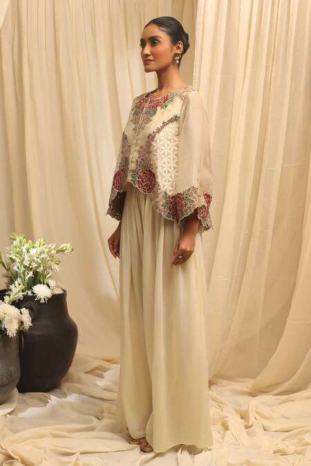 Ekru_Ivory Organza, Chanderi Embroidery Round Neck Rose-bloom Co-ord Set_Online_at_Aza_Fashions