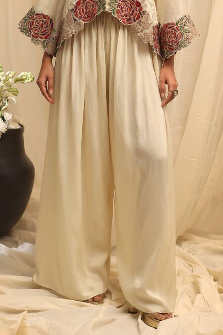 Buy_Ekru_Ivory Organza, Chanderi Embroidery Round Neck Rose-bloom Co-ord Set_Online_at_Aza_Fashions