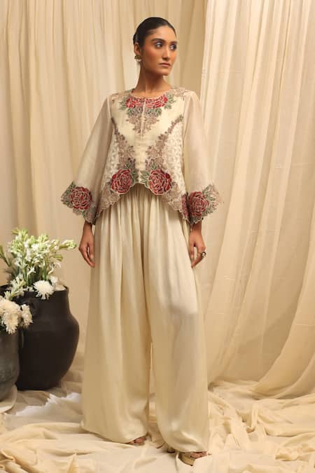 Ekru Ivory Organza, Chanderi Embroidery Round Neck Rose-bloom Co-ord Set 