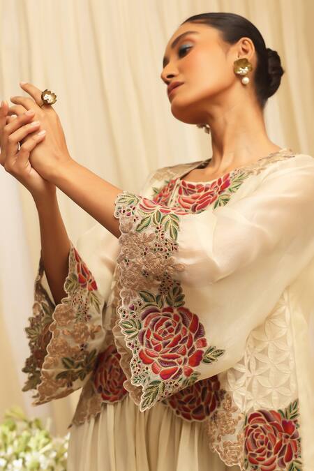Shop_Ekru_Ivory Organza, Chanderi Embroidery Round Neck Rose-bloom Co-ord Set_Online_at_Aza_Fashions