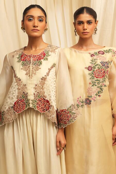 Ekru_Ivory Organza, Chanderi Embroidery Round Neck Rose-bloom Co-ord Set_at_Aza_Fashions
