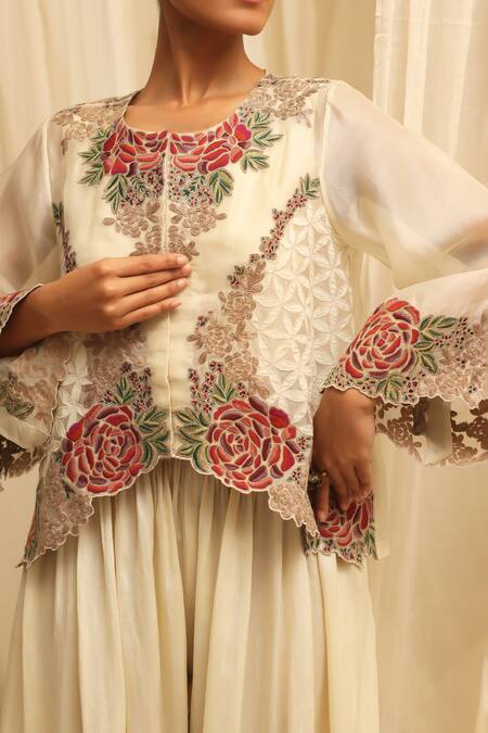 Buy_Ekru_Ivory Organza, Chanderi Embroidery Round Neck Rose-bloom Co-ord Set