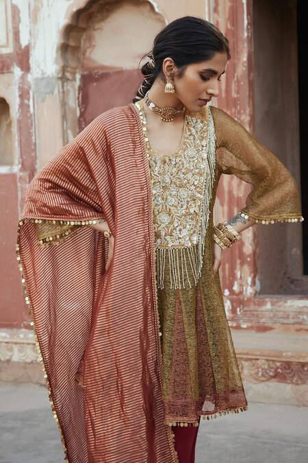 Etasha By Asha Jain_Rust Tissue, Crepe Sequins, Embroidery Metallic Mesh Anarkali Set With Dupatta _Online_at_Aza_Fashions