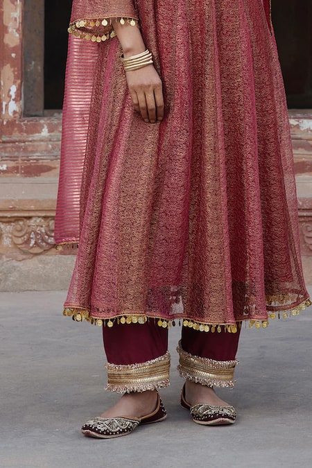 Etasha By Asha Jain_Rust Tissue, Crepe Embroidery, Zari Round Neck Metallic Mesh Anarkali Set _Online_at_Aza_Fashions