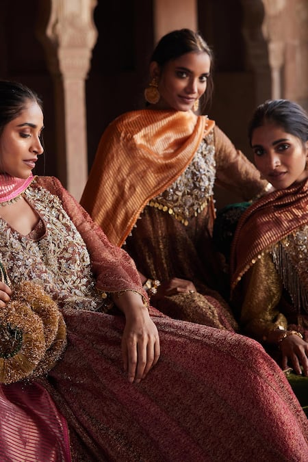 Buy_Etasha By Asha Jain_Rust Tissue, Crepe Embroidery, Zari Round Neck Metallic Mesh Anarkali Set _Online_at_Aza_Fashions