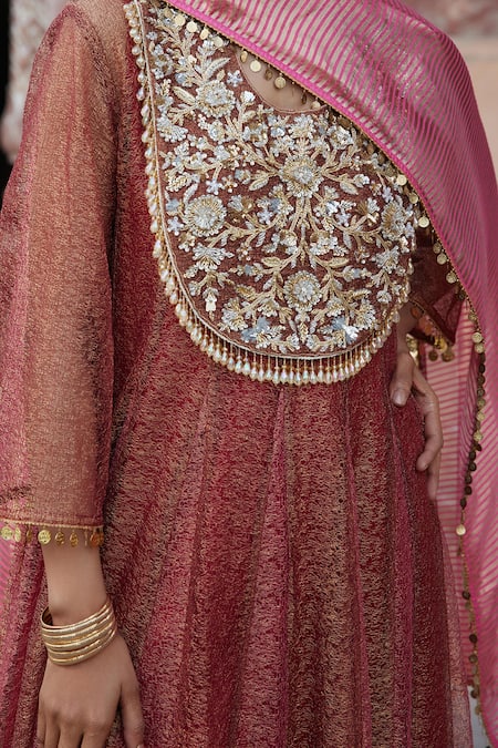 Shop_Etasha By Asha Jain_Rust Tissue, Crepe Embroidery, Zari Round Neck Metallic Mesh Anarkali Set _Online_at_Aza_Fashions