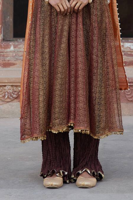 Etasha By Asha Jain_Brown Mesh, Silk, Tissue Sequins Round Neck Coffee Metallic Anarkali Set _Online_at_Aza_Fashions