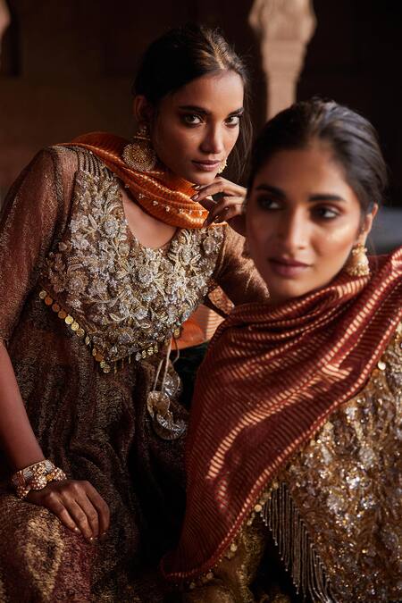 Buy_Etasha By Asha Jain_Brown Mesh, Silk, Tissue Sequins Round Neck Coffee Metallic Anarkali Set _Online_at_Aza_Fashions