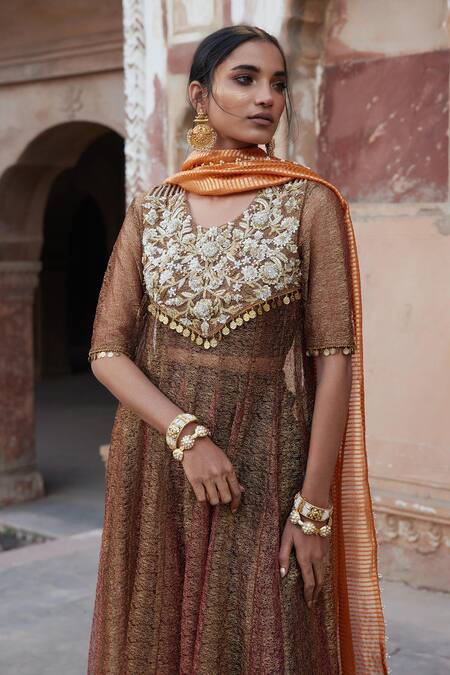 Shop_Etasha By Asha Jain_Brown Mesh, Silk, Tissue Sequins Round Neck Coffee Metallic Anarkali Set _Online_at_Aza_Fashions