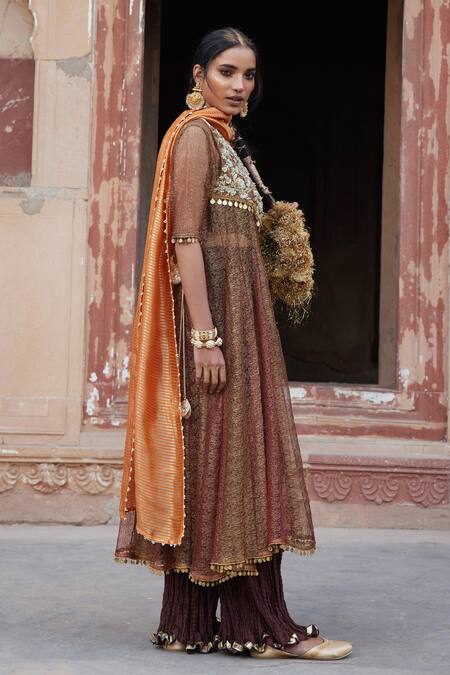 Etasha By Asha Jain_Brown Mesh, Silk, Tissue Sequins Round Neck Coffee Metallic Anarkali Set _at_Aza_Fashions