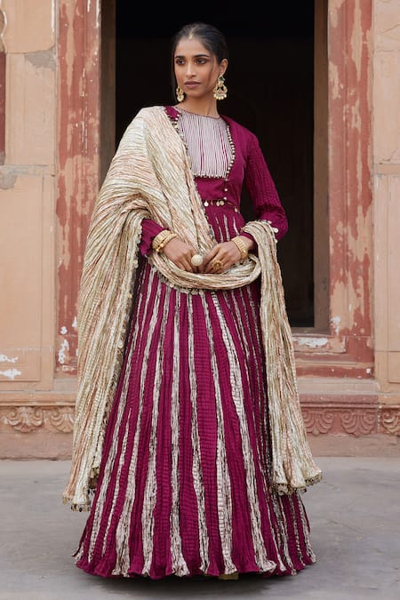 Etasha by Asha Jain Magenta Silk Sequins Round , Plunge Textured Anarkali Set 