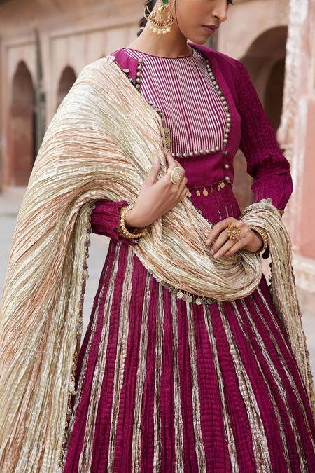 Shop_Etasha By Asha Jain_Magenta Silk Sequins Round , Plunge Textured Anarkali Set _Online_at_Aza_Fashions