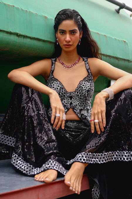 Shop_Sabe_Black Net Embroidery V-neck Designer Peplum Top And Bell Bottom Pant _Online_at_Aza_Fashions