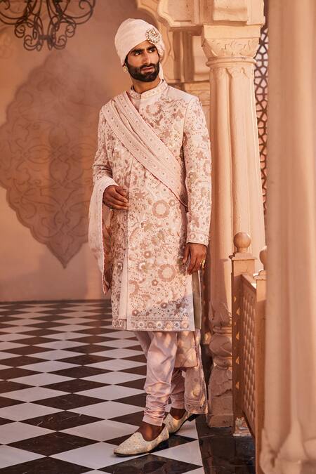 Yajy By Aditya Jain_Rose Gold Sequins, Embroidery Designer Dawn Sherwani Set _at_Aza_Fashions