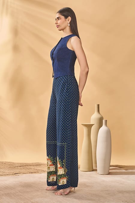 Masaba_Blue Crepe, Silk Embroidery Round Neck Paw-tree Denim Waistcoat Trouser Set _Online_at_Aza_Fashions
