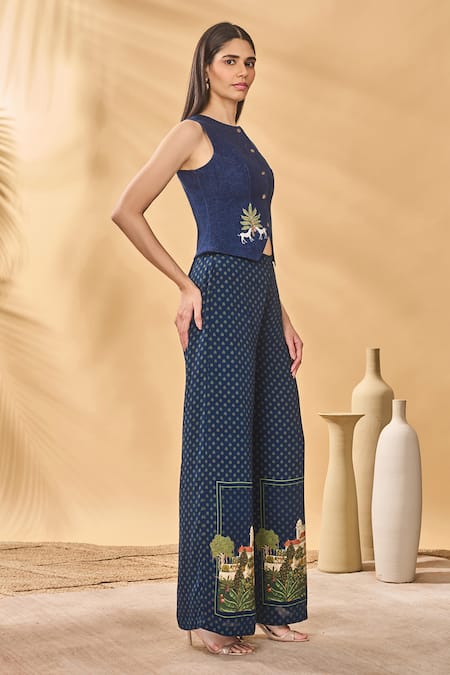 Buy_Masaba_Blue Crepe, Silk Embroidery Round Neck Paw-tree Denim Waistcoat Trouser Set _Online_at_Aza_Fashions