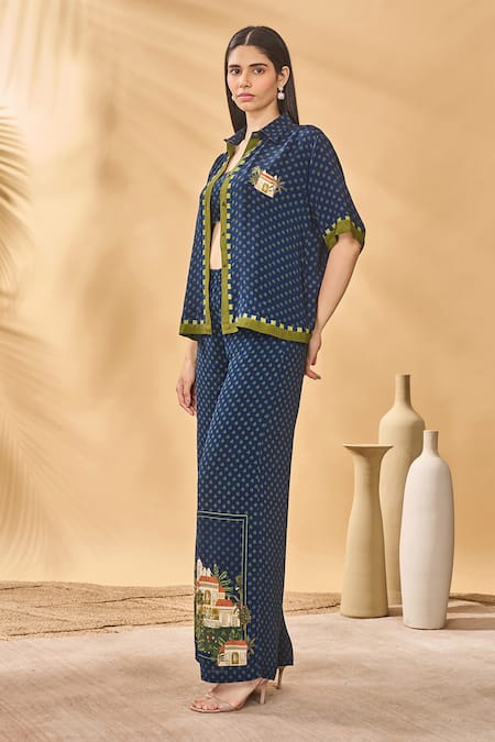 Masaba_Blue Silk, Crepe Collared, Square Neck Midnight Holiday Home Shirt Trouser Set _Online_at_Aza_Fashions