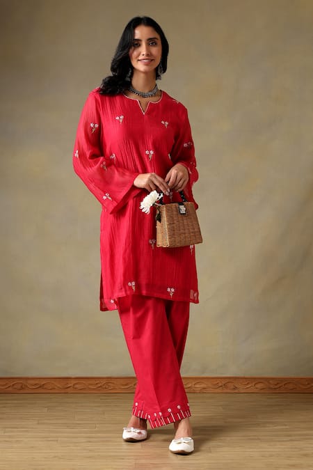 Tashee Red Chanderi, Cotton Embroidery V-neck Kurta With Pant 