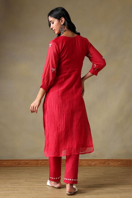 Tashee Red Chanderi Kurta & Pant Set 