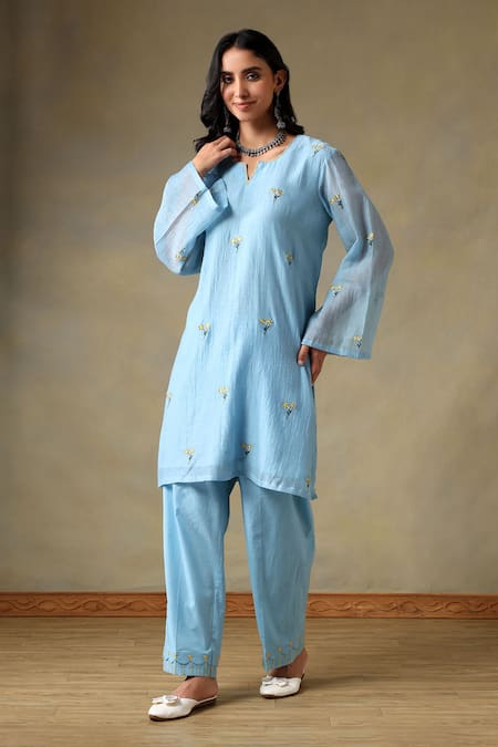Tashee_Blue Chanderi, Cotton Embroidery Split V-neck Powder Kurta And Pant Set _Online_at_Aza_Fashions