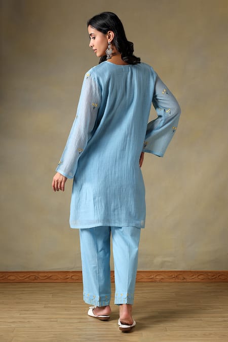 Tashee Powder Blue Chanderi Kurta & Pant Set 