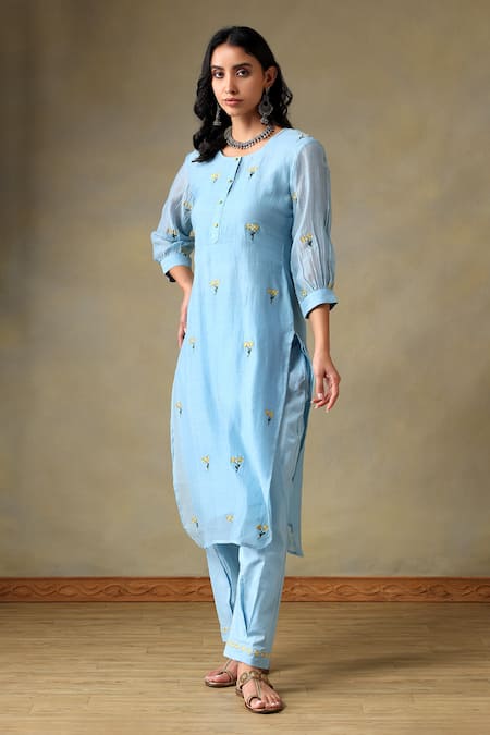 Tashee_Blue Chanderi, Cotton Embroidery Round Neck Powder Kurta And Pant Set _Online_at_Aza_Fashions