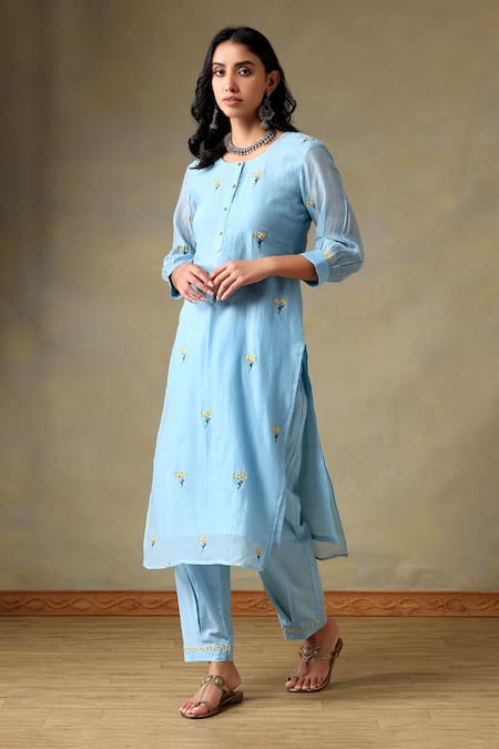 Buy_Tashee_Blue Chanderi, Cotton Embroidery Round Neck Powder Kurta And Pant Set _Online_at_Aza_Fashions