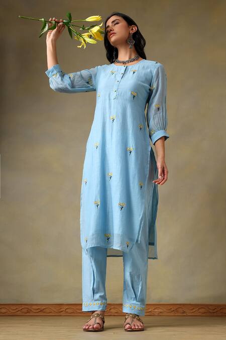 Shop_Tashee_Blue Chanderi, Cotton Embroidery Round Neck Powder Kurta And Pant Set _Online_at_Aza_Fashions