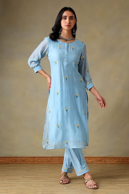 Tashee Blue Chanderi, Cotton Embroidery Round Neck Powder Kurta And Pant Set 