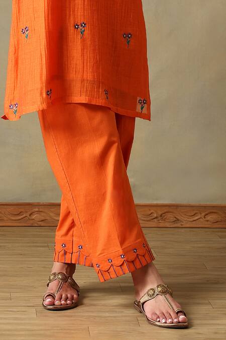 Tashee_Orange Chanderi, Cotton Embroidery V-neck Kurta And Pant Set _at_Aza_Fashions