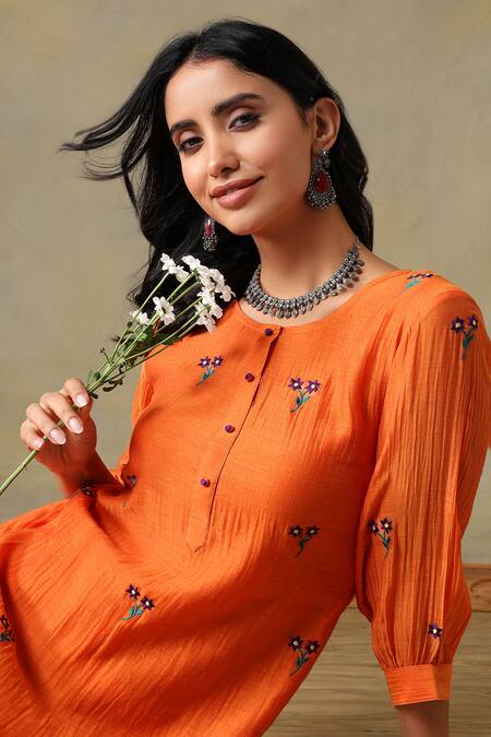 Buy_Tashee_Orange Chanderi, Cotton Embroidery Round Neck Kurta Pant Set _Online_at_Aza_Fashions