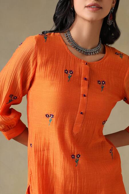 Shop_Tashee_Orange Chanderi, Cotton Embroidery Round Neck Kurta Pant Set _Online_at_Aza_Fashions