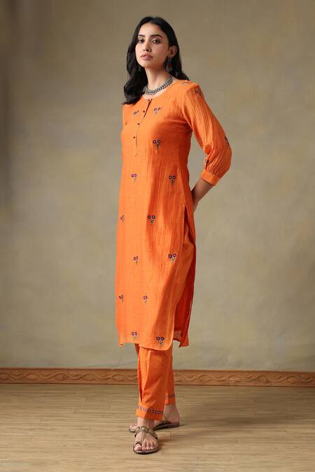 Tashee_Orange Chanderi, Cotton Embroidery Round Neck Kurta Pant Set _at_Aza_Fashions
