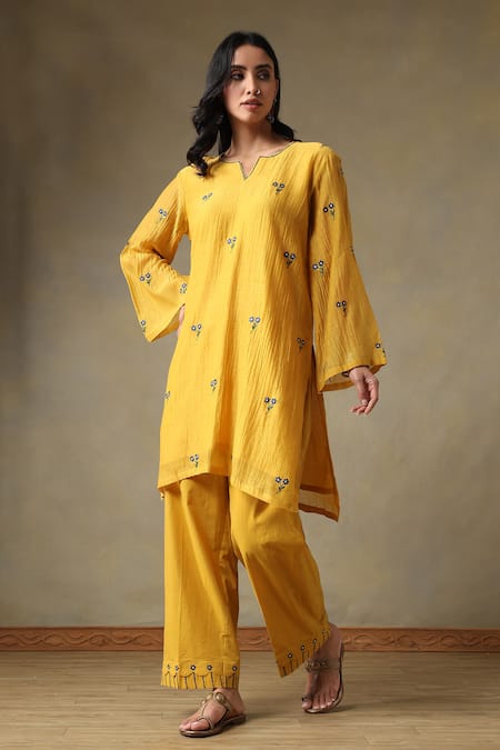 Tashee Yellow Chanderi, Cotton Embroidery Split V-neck Kurta Set 