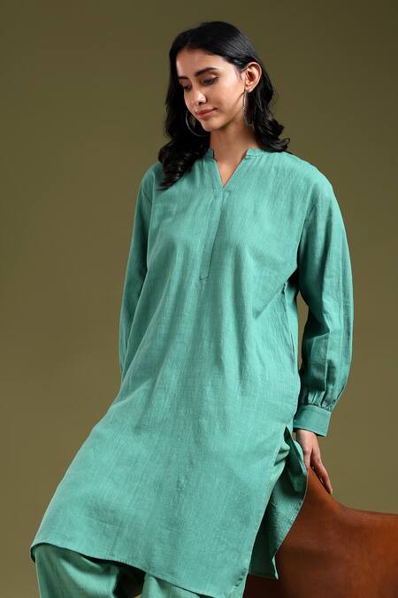 Shop_Tashee_Green Linen Split V-neck Sage Kurta And Pant Set _Online_at_Aza_Fashions
