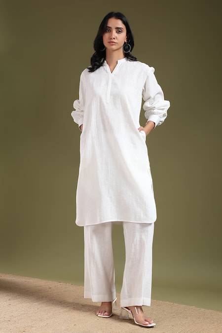 Tashee White Linen Mandarin Collar Ivory Kurta With Pant 