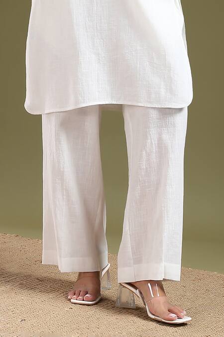 Buy_Tashee_White Linen Mandarin Collar Ivory Kurta With Pant _Online_at_Aza_Fashions