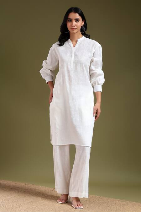 Shop_Tashee_White Linen Mandarin Collar Ivory Kurta With Pant _Online_at_Aza_Fashions
