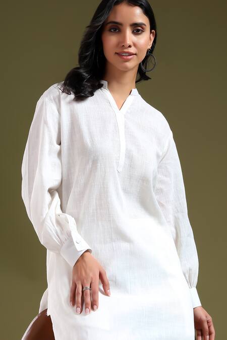 Tashee_White Linen Mandarin Collar Ivory Kurta With Pant _at_Aza_Fashions